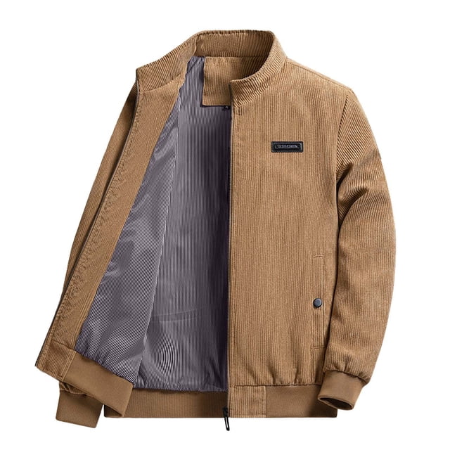 LOVZFMLL Jackets for Men's Solid Color Corduroy Long Sleeved Pocket Stand Up Collar Jacket Coat