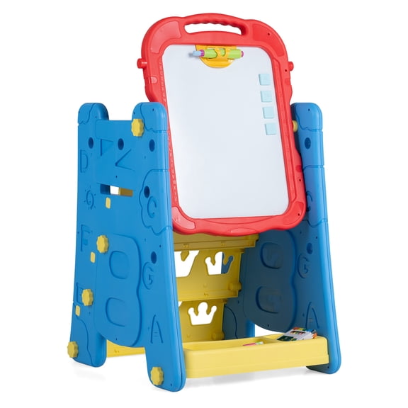 Costway 3 in 1 Art Easel for Kids with Book Rack, Height Adjustable Standing Easel, Age 3+ Red & Blue