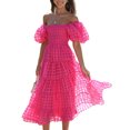 thumbnail image 2 of Faithtur Femmes Été Décontracté une Ligne Robe Courte Puff Manches sur l'Épaule Midi Plaid Robe, 2 of 7