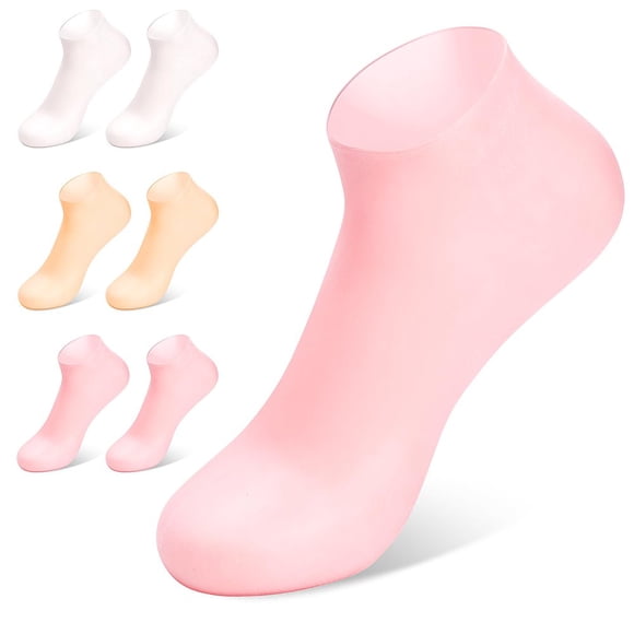 HLONK 3 Pairs Silicone Moisturizing Socks Softening Dry Cracked Feet Rough Skins & Anti Aloe Socks for Dry Cracked Feet Women Calluses Spa Gel Socks Foot Care - Pink & White&Brown