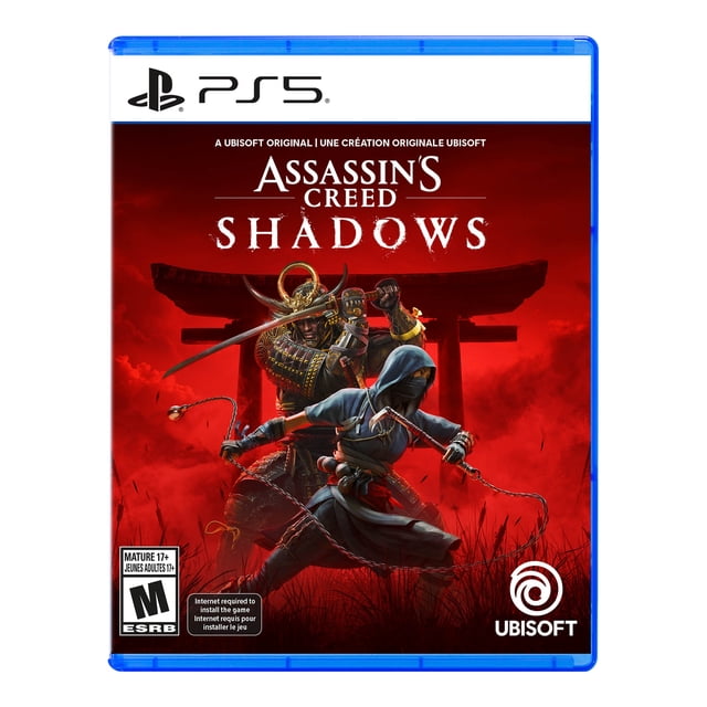 Assassin's Creed Shadows Standard Edition - PlayStation 5 game cover featuring a shinobi Assassin in a blue hooded outfit wielding chained weapons crouched in front of a samurai in traditional armor holding a raised katana, both set before a large red torii gate with a red sky and tall grass background, Ubisoft logo at bottom right.