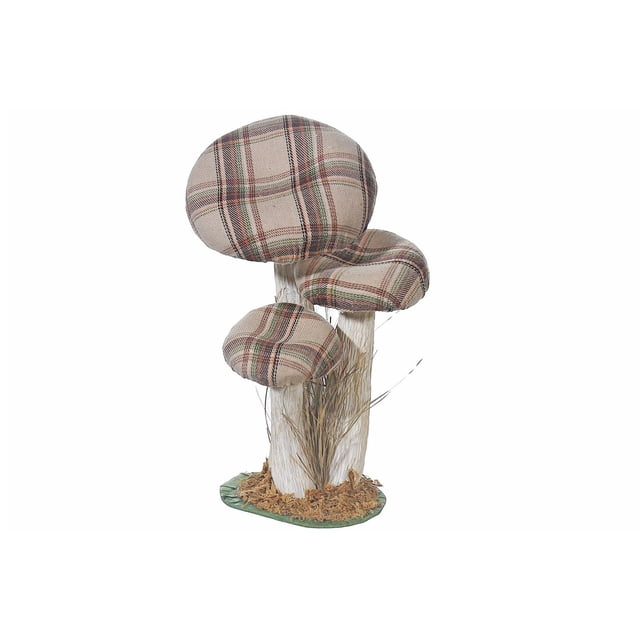 Plaid Mushroom Stand with three fabric mushroom caps in beige plaid featuring green and red stripes, supported by textured white stems on a green base with moss and dried grass, ideal for rustic autumnal tabletop decor and suitable as a lightweight accent piece.