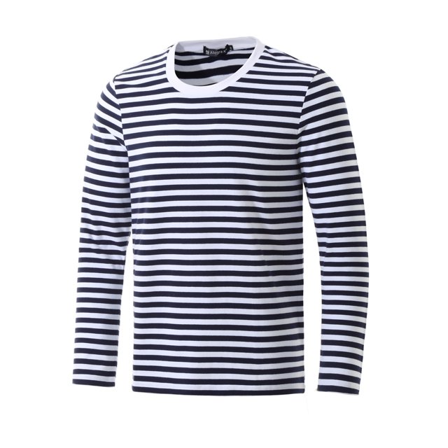INSPIRE CHIC T-shirt à Manches Longues à Col Ras du Cou Rayé pour Homme en Coton, Haut à Enfiler Bleu Marine 50