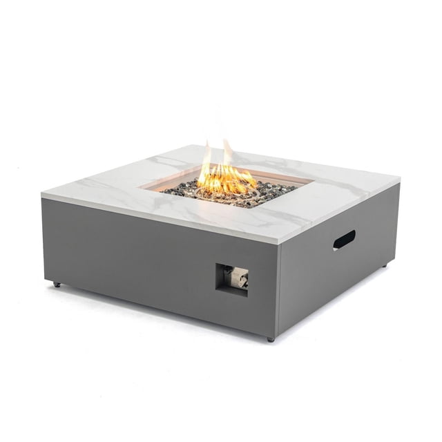 Danby Engineered Marble Convertible Propane Fire Table, square with a white and grey engineered marble top and grey aluminum base, featuring a 55,000 BTU burner with black fire glass and electronic ignition, designed for outdoor heating and patio use.