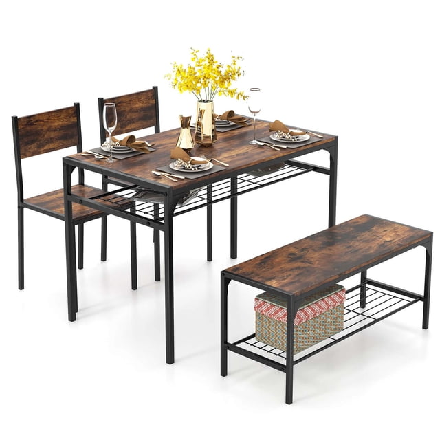 Costway Dining Table Set for 4 with a rectangular table, 2 chairs, and 1 bench in rustic brown. The table and bench feature storage racks for organizing essentials. Designed with a sturdy metal frame and engineered board, this compact dining set is perfect for small spaces, with armless chairs and a bench that tuck under the table. Suitable for dining rooms, kitchens, or other areas needing versatile furniture.