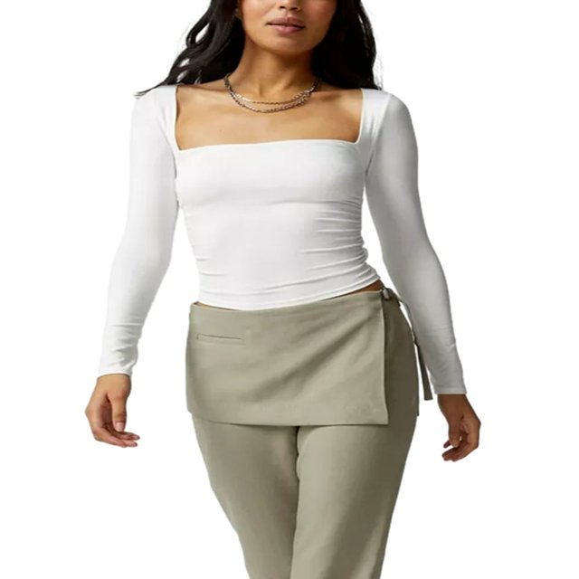 Women‘s Bodycon Square Neck Long Sleeve Shirts Slim Fit Tops Basic Blouse Tee Tops