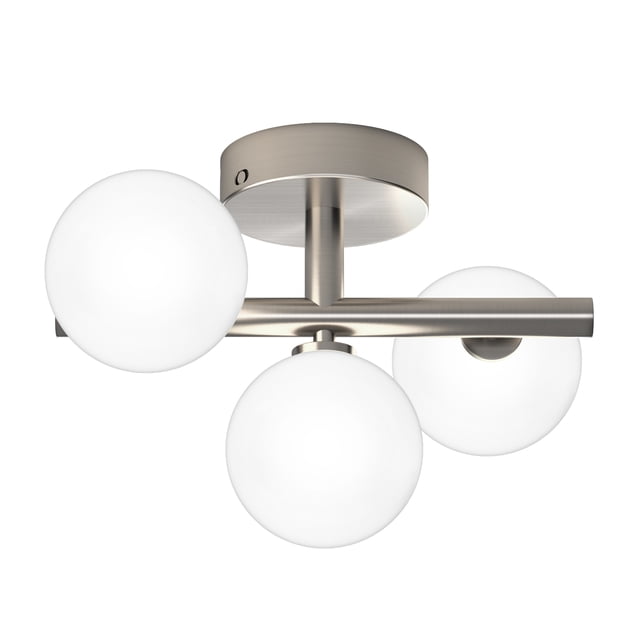 Artika Bloom Plafonnier Encastré Moderne avec Fini nickel Brossé et Trois globes en Verre Givré. Comprend des Lumières DEL Intégrées avec Technologie Blanc Ajustable Offrant des Températures de Couleur Réglables de 3000K à 5000K et une Luminosité de 1050 lumens. Convient aux Chambres, aux Couloirs et aux Cuisines.