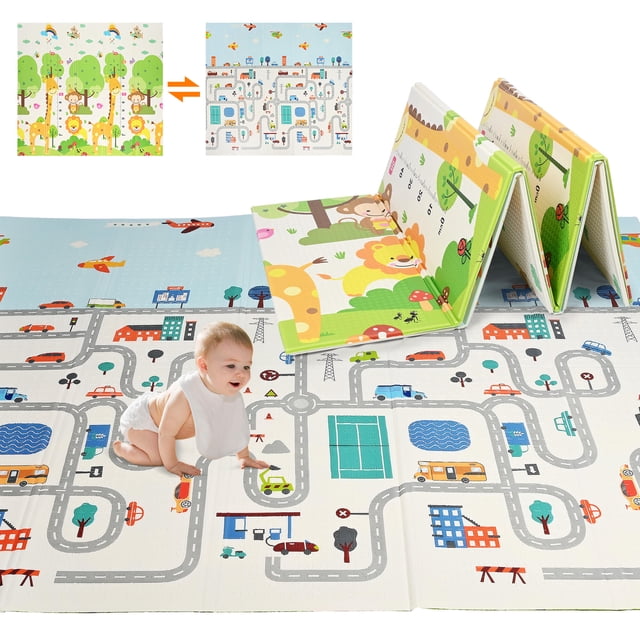 Double-Sided Baby Playmat, 79" x 71" folding floor mat designed for babies and kids. The mat features a reversible design with colorful patterns, including a forest animal theme on one side and an urban traffic road map on the other. Made from 100% BPA-free XPE material, it is non-toxic, waterproof, and easy to clean. The foldable design allows for convenient storage and portability. Measuring 0.3 inches thick, it provides a soft and cushioned surface for crawling and play, suitable for babies over 6 months.