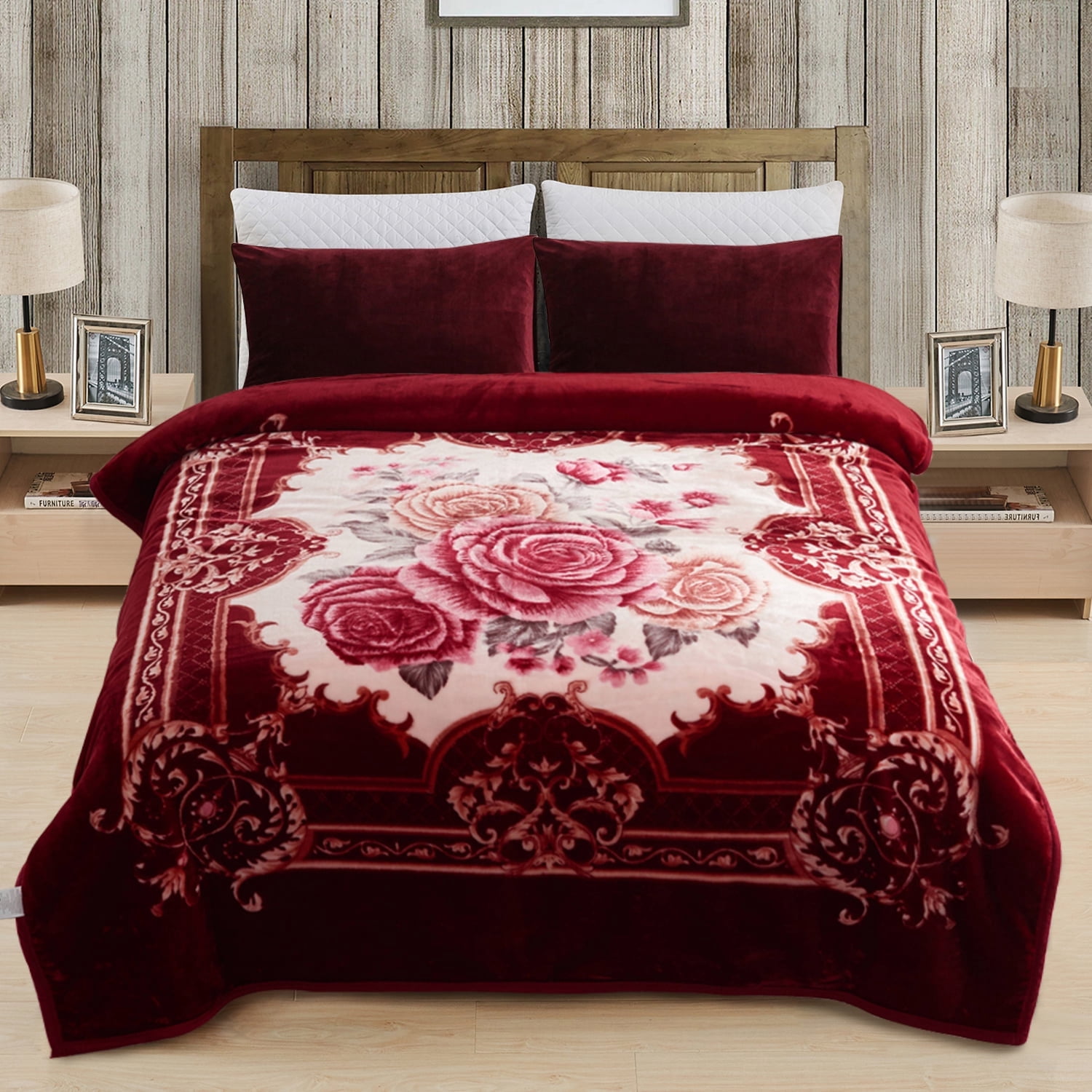 JML Soft Plush Fleece Blanket for Bed King 83"x91" 5.7lb,2 Ply Raschel Blanket Burgundy Flower