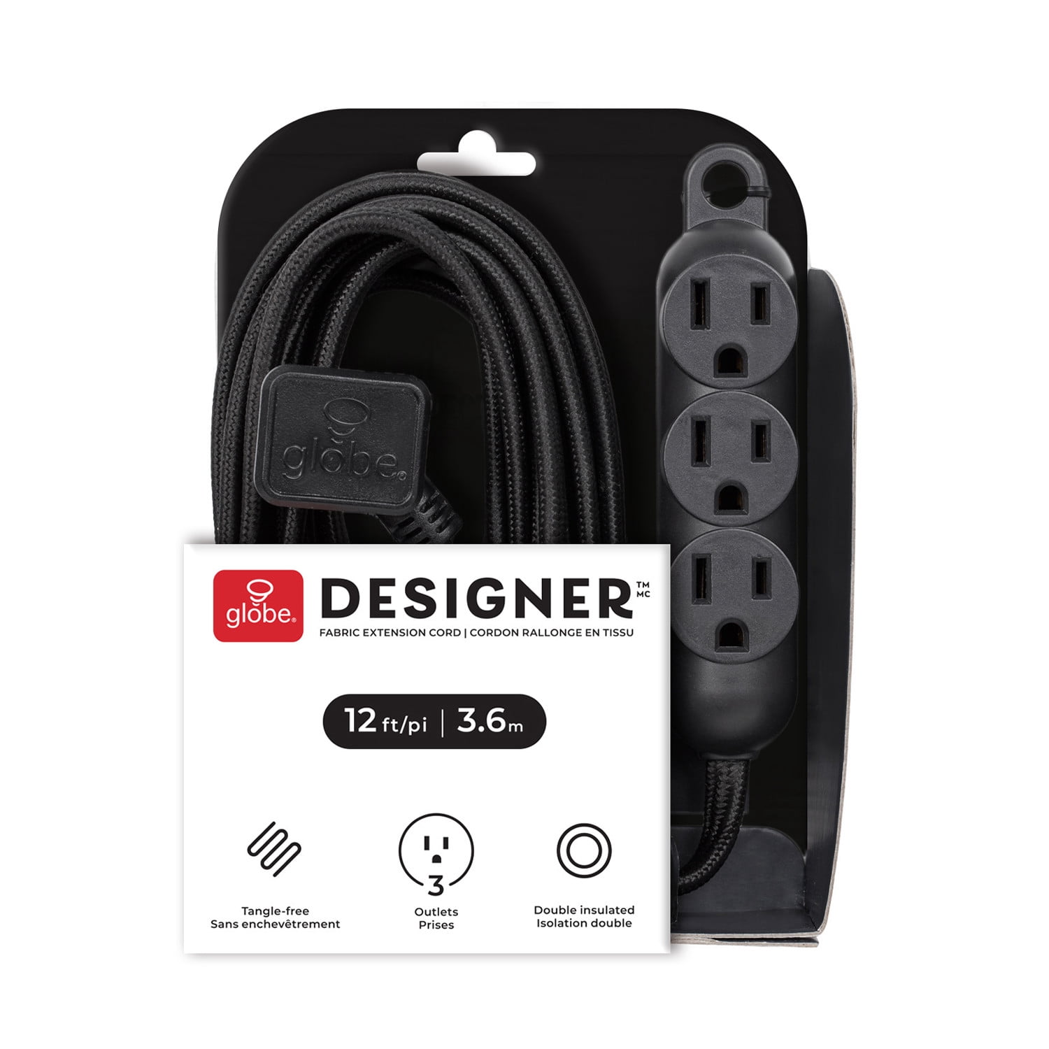 Rallonge électrique en tissu noir de 3,7 m (12 pi) et de calibre 16/3 à 3 prises avec fiche coudée et crochet intégré de Globe Electric