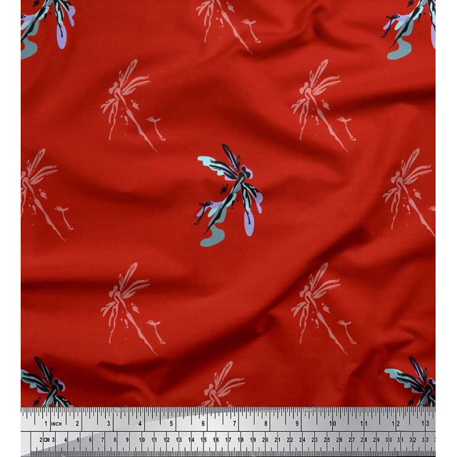 Soimoi polyester Crepe Fabric Dragonfly & Texture Print Fabric by the Yard 42 Inch Wide