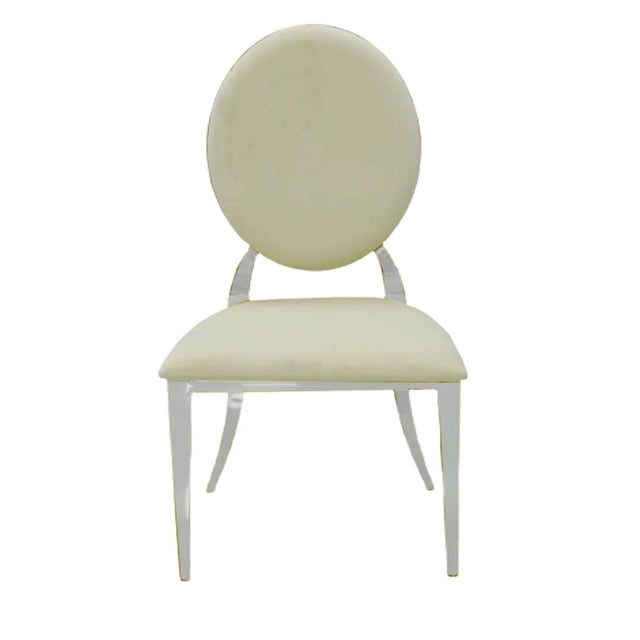 Canadian Zara Velvet Silver Dining Chair featuring a round beige velvet seat and backrest with mirror-finished stainless steel legs, designed for kitchen and dining seating, also suitable as stylish accent seating in modern interiors.