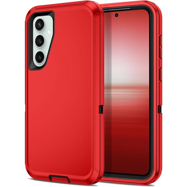 Designed for Samsung Galaxy S24 heavy-duty case in red, featuring triple-layer protection with a solid inner polycarbonate shell and soft rubber outer cover. The case includes raised edges for screen and camera protection, precise cutouts for ports and speakers, and a non-slip edge design. Compatible with wireless charging and designed to safeguard against drops, dirt, and scratches. Suitable for outdoor activities like camping or mountaineering.