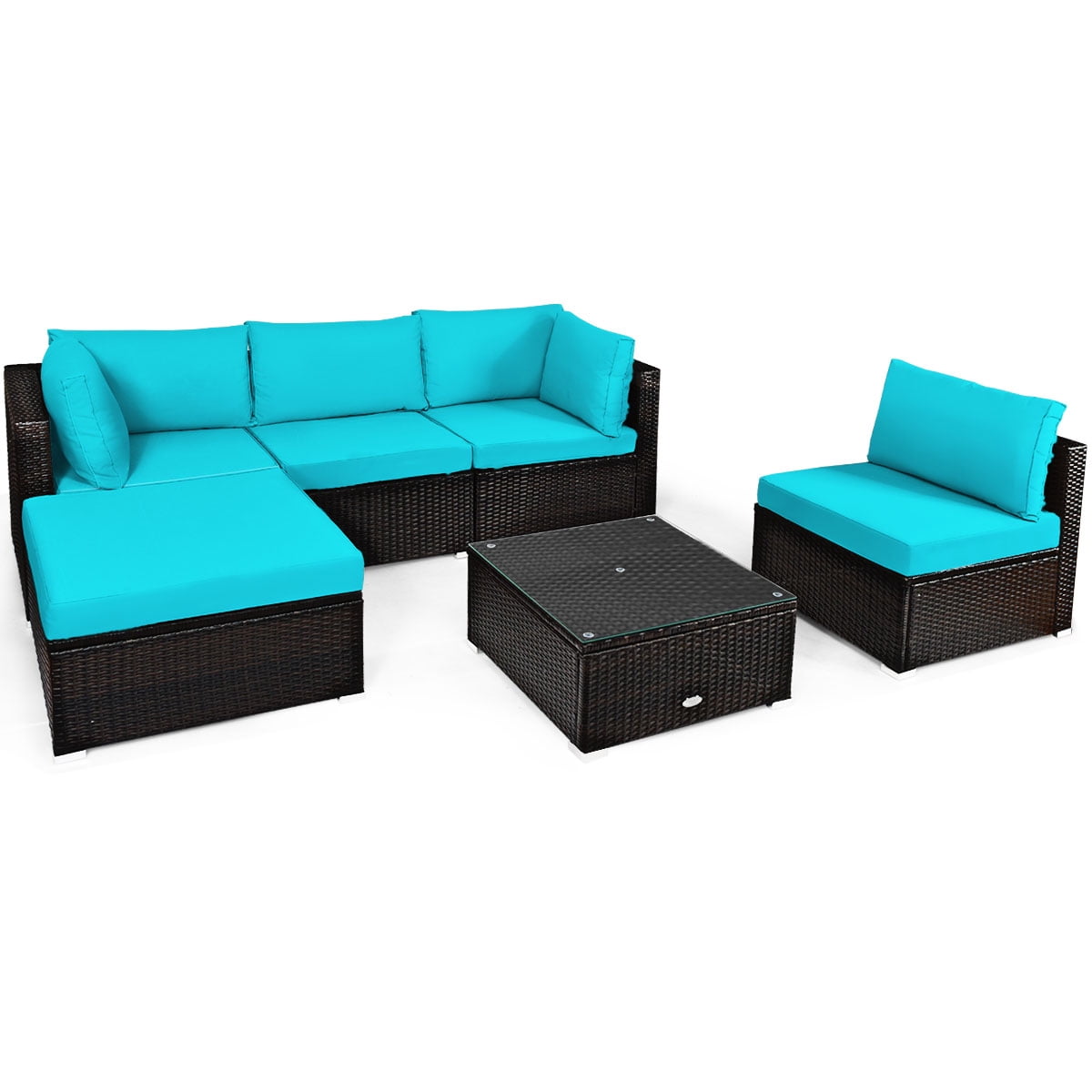 Patiojoy 6PCS Patio Rattan Furniture Set Outdoor Sectional Sofa Set w/Coffee Table & Ottoman Turquoise