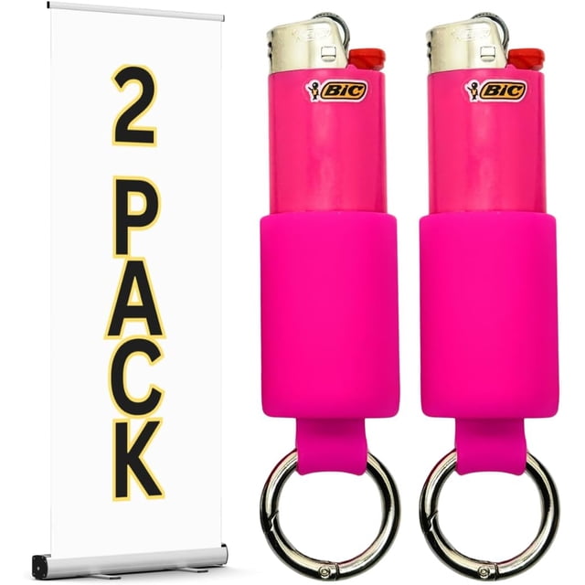 Keychain Lighter Holders | 2 Pack | 16 Colors | Lighters Not Included | Lighter Sleeve, Case, Holder Keychains for BIC J6 Lighters (Hot Pink)