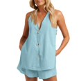 thumbnail image 1 of Mikilon Womens Stylish Outfit 2 Piece Set Casual Sleeveless V-Neck Button Down Tank Top and Shorts Two Piece Set Casual Sleeveless V-Button and Shorts Two-Piece Set Light Blue L, 1 of 8