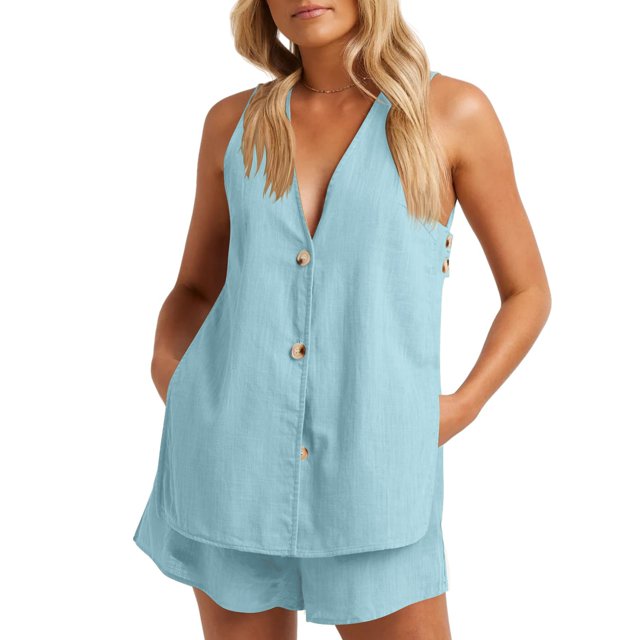 Mikilon Womens Stylish Outfit 2 Piece Set Casual Sleeveless V-Neck Button Down Tank Top and Shorts Two Piece Set Casual Sleeveless V-Button and Shorts Two-Piece Set Light Blue L