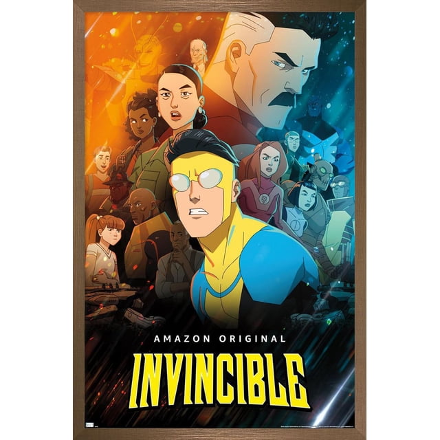 Invincible - Affiche Murale de Groupe un avec une illustration Animée Haute Résolution de Multiples Superhéros, Incluant une Figurine Centrale en Costume Bleu et Jaune et un Grand Homme aux Cheveux Blancs avec une Moustache, Contrastant avec un Éclairage orange et Bleu, avec le Titre Jaune Audacieux « Invincible » et « Amazon Original » comme Texte au Bas, Idéal pour une Déco Murale Vibrante dans les Chambres, Bureaux Ou Dortoirs.