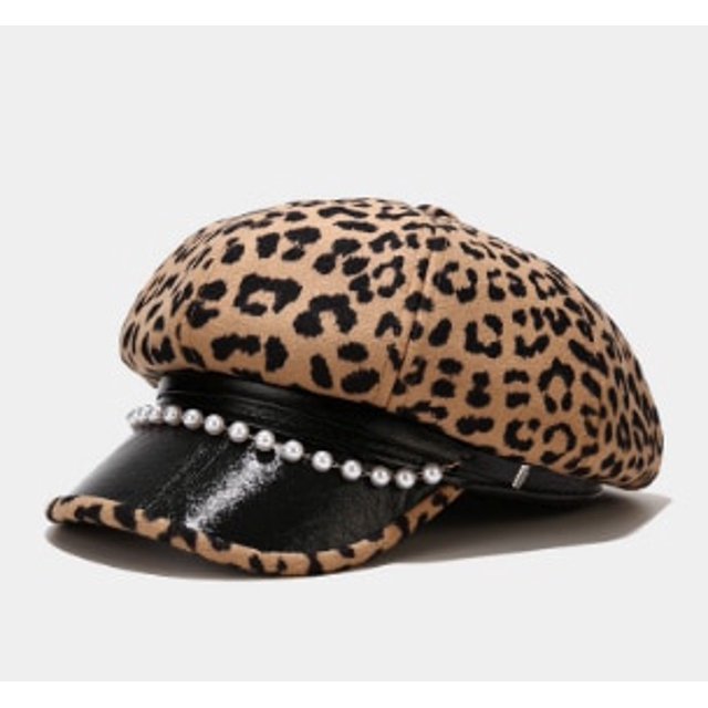 LinYooLi Chapeau Militaire Léopard Mode pour Femmes Printemps Automne Chapeaux Marins Bérets Plats Perles Voyage Octogonal Extérieur