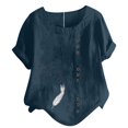 thumbnail image 1 of Birdeem Haut Décontracté à Manches Courtes pour Femmes Grande Taille Col Rond Imprimé Plumes Ample en Coton Lin, 1 of 1