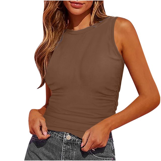 Timegard Camisoles pour Femmes Col Rond Sans Manches Froncées Confortables Couleur Unie Été Décontractées Ajustées