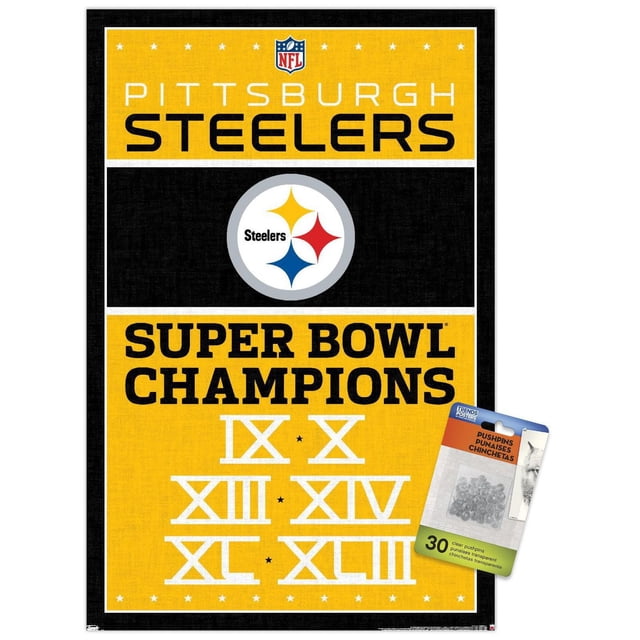 NFL Pittsburgh Steelers - Champions 13 Affiche Murale, 22,375 Pouces x 34 Pouces Présentant une Affiche Murale Rectangulaire avec un Motif Noir et Jaune. la section du Dessus Affiche le logo NFL au-Dessus de « Pittsburgh Steelers » en Blanc et Noir sur Jaune. la section du Milieu Montre le logo Steelers avec Trois Diamants Colorés en Jaune, Rouge et Bleu sur Noir. la section du Bas Indique « Super Bowl Champions » en Lettres Noires Audacieuses sur Jaune, Inscrivant les Chiffres Romains IX