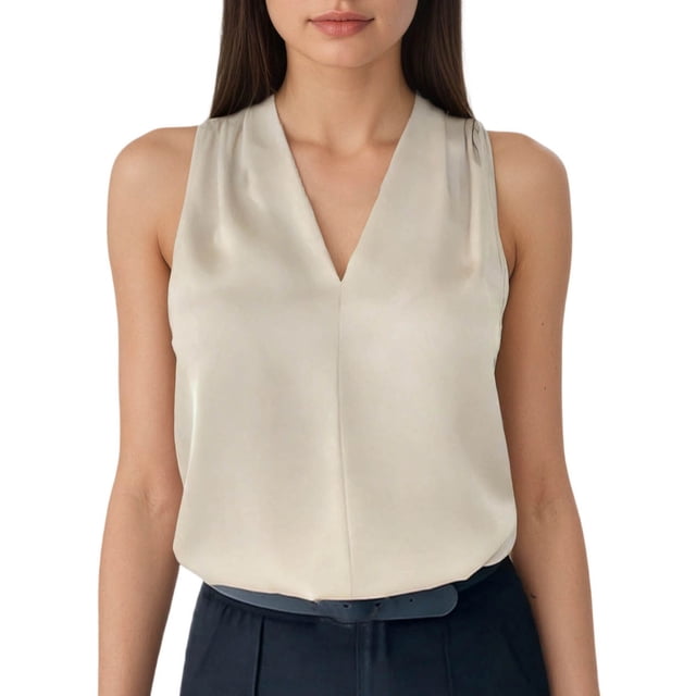Gpoecd Camisoles à Col Rond pour Femmes, Décontractées, Col à Volants, Sans Manches, Blouse Basique d'Été pour Usage Quotidien, Camisole pour Femmes Beige, TTG
