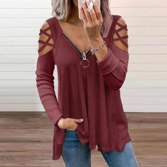 CEHVOM Blouse Décontractée à Manches Longues Unie Col en V Mode Été pour Femmes