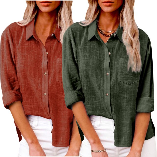 Timegard 2pc Cotton Linen Shirts for Women Plus Size Button up Side Split Blouse Fall Solid Color Tops