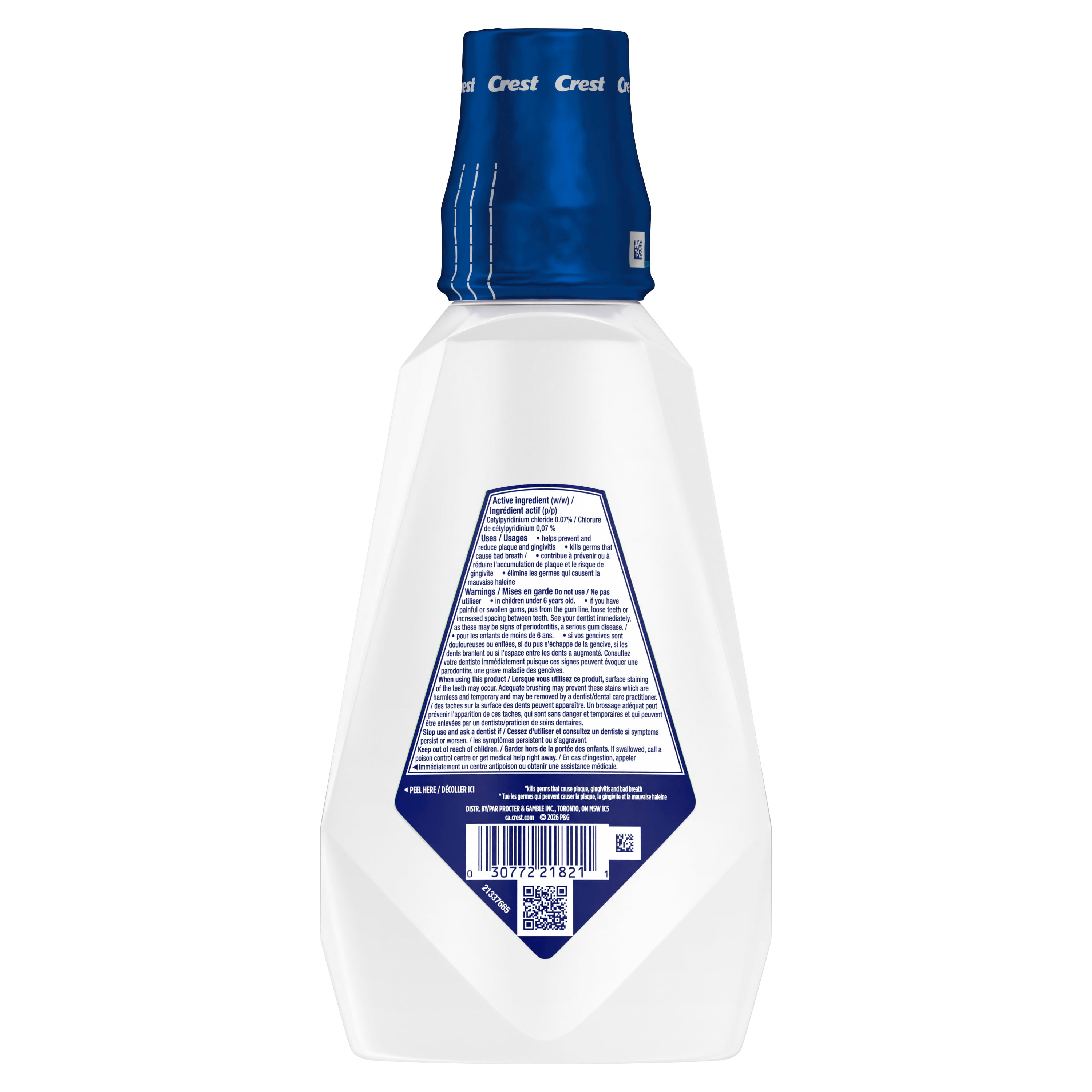 Rince-bouche Crest Pro-Santé Protection de nuit contre les bactéries, antibactérien pour une protection de nuit, sans alcool, antigingivite, antiplaque, Menthe apaisante, 1 L