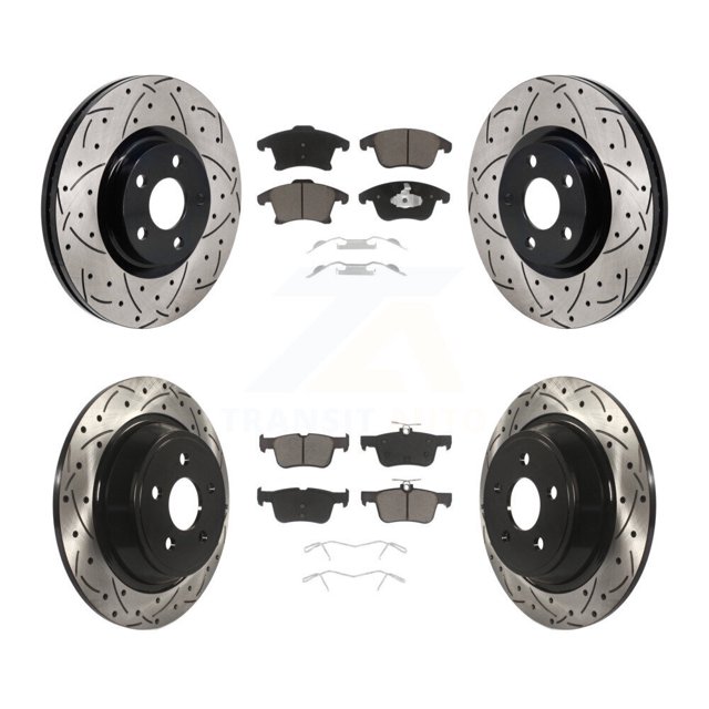 Transit Auto Front Rear Coated Drilled Slotted Disc Brake Rotors and Ceramic Pads Kit for Car 2017-2020 Lincoln MKZ 2.0L KDC-101214