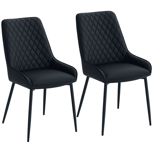 HOMCOM Dining Chairs Set of 2, featuring black PU leather upholstery with diamond tufting and foam padding for comfort. Each chair has a gently curved seat with raised edges and is supported by powder-coated steel legs with plastic foot pads to prevent scratches and wobbling. These modern chairs are suitable for dining rooms, offices, or living spaces, with a weight capacity of 300 lbs.