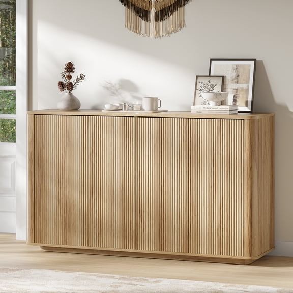 MARNUR Buffet Bahut, Armoire de Rangement 55 Pouces L avec Tablettes Ajustables, Anti-Basculement, Dessus Facile à Nettoyer, Style Vague Élégant, Chêne