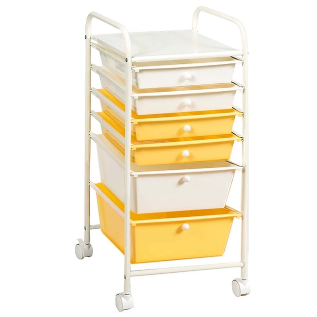 Costway 6 Drawer Rolling Storage Cart Scrapbook Paper Office Organizer in yellow, featuring a sturdy white steel frame with six drawers in alternating yellow and white colors. Includes two large and four medium-sized drawers with smooth round knobs for easy access. The cart has a spacious top surface for additional storage and is equipped with four 360-degree swivel wheels, two of which are lockable, for easy mobility. Ideal for organizing art supplies, office materials, or household items in compact spaces.