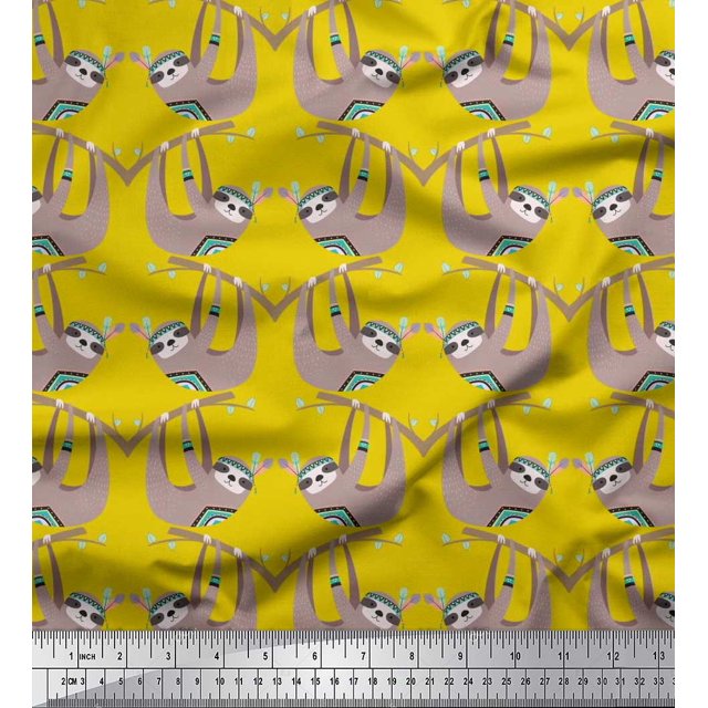 Soimoi Rayon Fabric Feather,Branch & Sloth Cartoon Print Fabric by Yard 56 Inch Wide