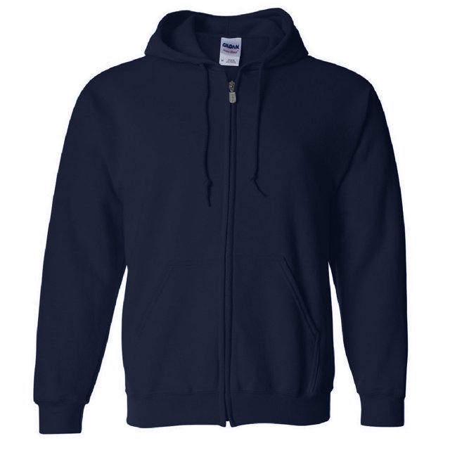 Gildan Heavy Blend Adult Full Zip Hooded Sweatshirt Top in a plain design, crafted from midweight 50% cotton and 50% polyester fleece fabric. Features include a drawstring hood, ribbed elasticated cuffs and hem, two side pockets, and a full zip closure. Certified Oeko-Tex Standard 100 for sustainability, ideal for women's casual wear.