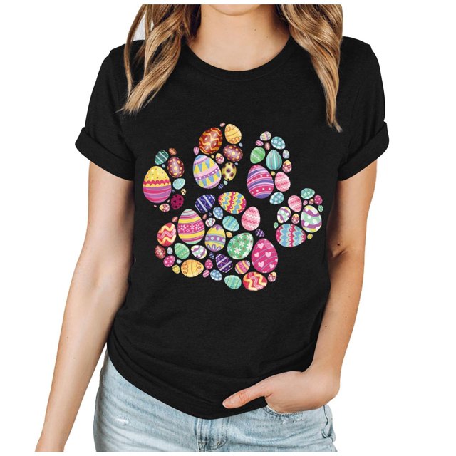 EGNMCR Chemise de Pâques Chemises pour Femmes Imprimé de Pâques Manches Courtes Col Rond T-Shirts pour Femmes
