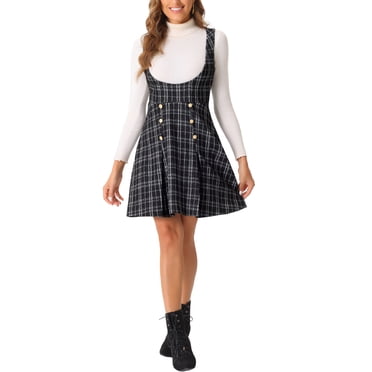 INSPIRE CHIC Robe pour Femme Tablier Salopette Col en U Tweed à Carreaux Robe Trapèze m Noir