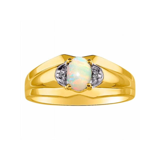 RYLOS Mens Rings 14K Yellow Gold Classic Design 7X5MM Oval Gemstone & Diamond Opal October Birthstone Ring Size 8