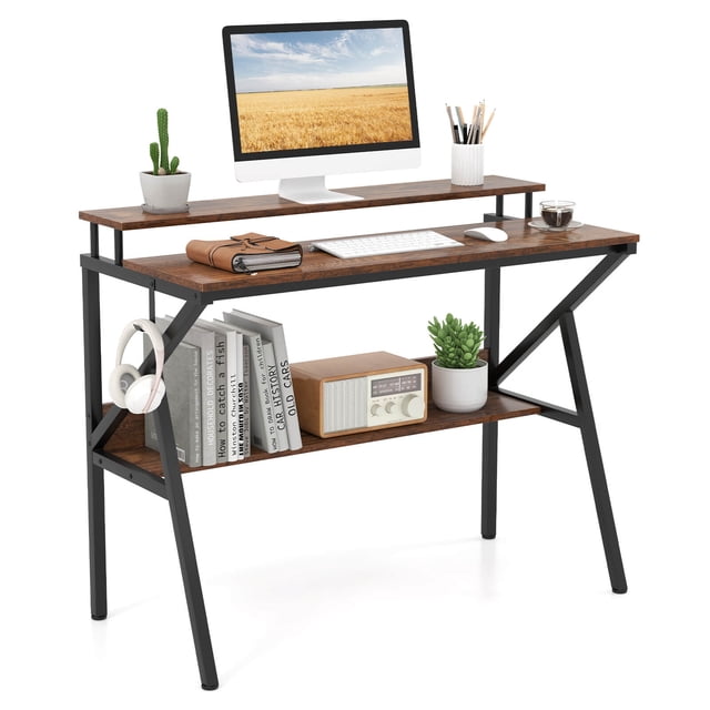 Costway Home Office Desk with Monitor Stand, Open Shelf & Metal Frame, Earphone Hook Brown