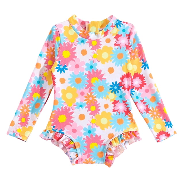 Baby Girl Swimwear Rash Guard Floral Printing Long Sleeve Sun Protection Girl Bathing Suit 6-12 Months