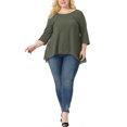 thumbnail image 2 of GRACE & GRANDEUR Blouse pour Femme Grande Taille à Manches 3/4 Gaufrées, Col Rond, Panneau en Dentelle, Coupe Ample, Ourlet Haut-Bas, Hauts Vert Armée 2X, 2 of 5