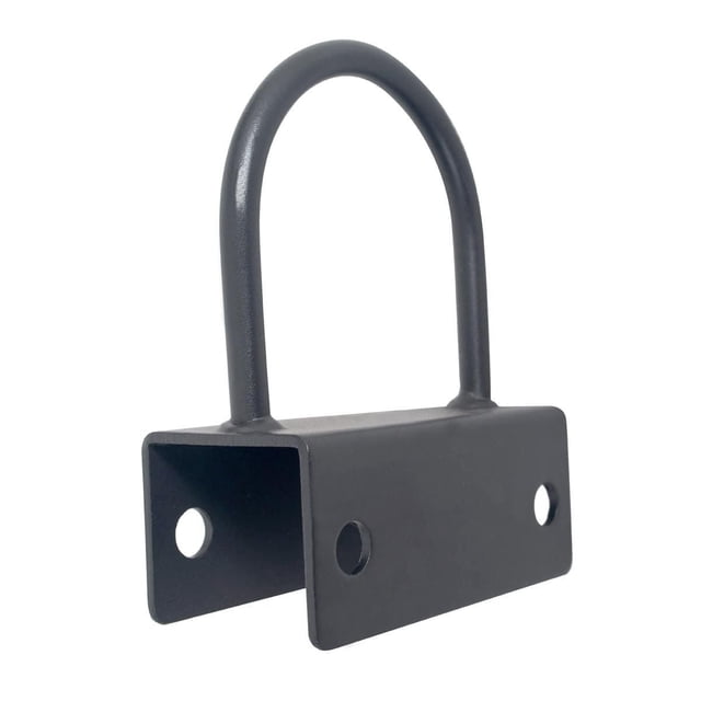 Sunny Health & Fitness U-Ring Attachment for Power Racks and Cages – SF-XFA005, black steel U-shaped ring on a rectangular bracket with three mounting holes, fits power cages 113.79 cm wide, suitable for battle rope and resistance band workouts.