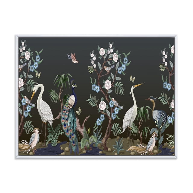 Designart Chinoiserie With Birds and Peonies IV FLOAT FRAME WALL ART depicts a framed canvas with a dark background featuring white herons, a colorful peacock, and small birds among blooming peony flowers and green foliage. Printed on premium cotton canvas with fade-resistant ink, gallery-wrapped and ready to hang, ideal for home décor wall art.