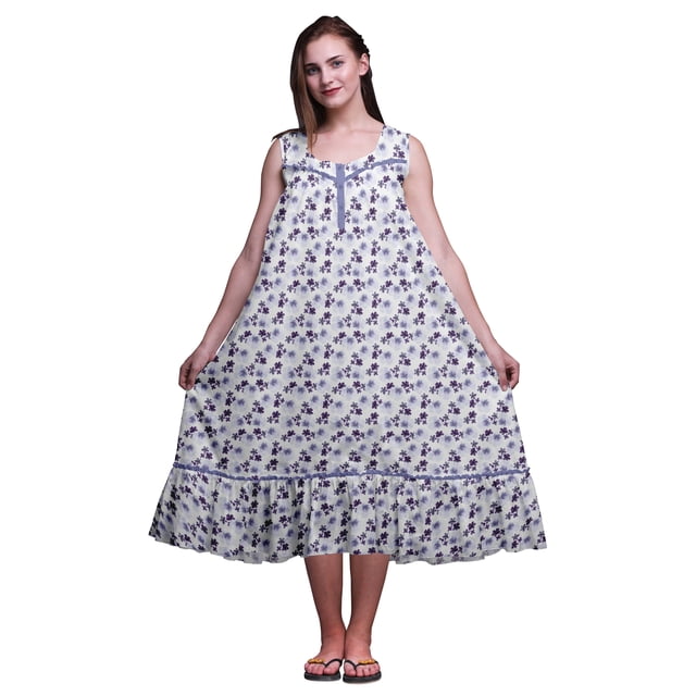 Bimba Robe de Nuit Mi-Mollet Bleu Violacé à Fleurs Pervenche pour Femme en Coton Imprimé Sans Manches Maxi Robe XX-Grand