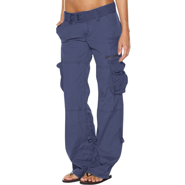 Jsaierl Womens Cargo Pants Elastic Waisted Button Straight Wide Leg Pants Solid Color Lightweight Running Trousers with Flap Pockets
