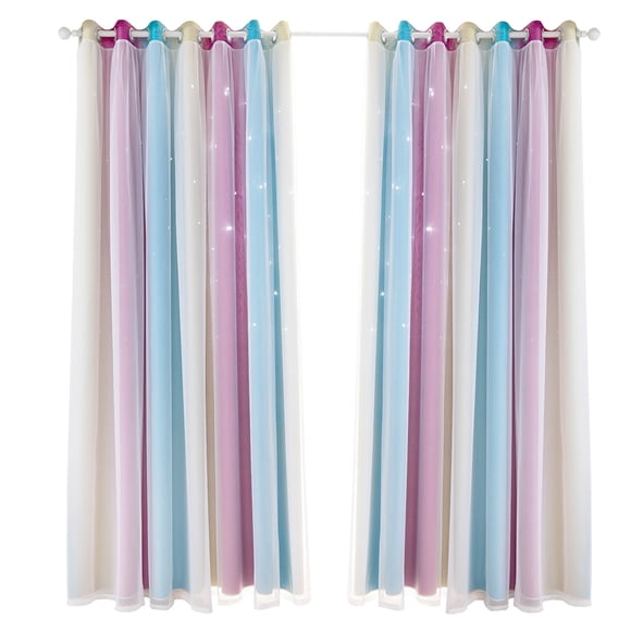 Yeacher 2pc Curtain Simple Gradient Hollow-out Star Pattern Double Layer Blackout Bedroom Living Room Insulation Curtain