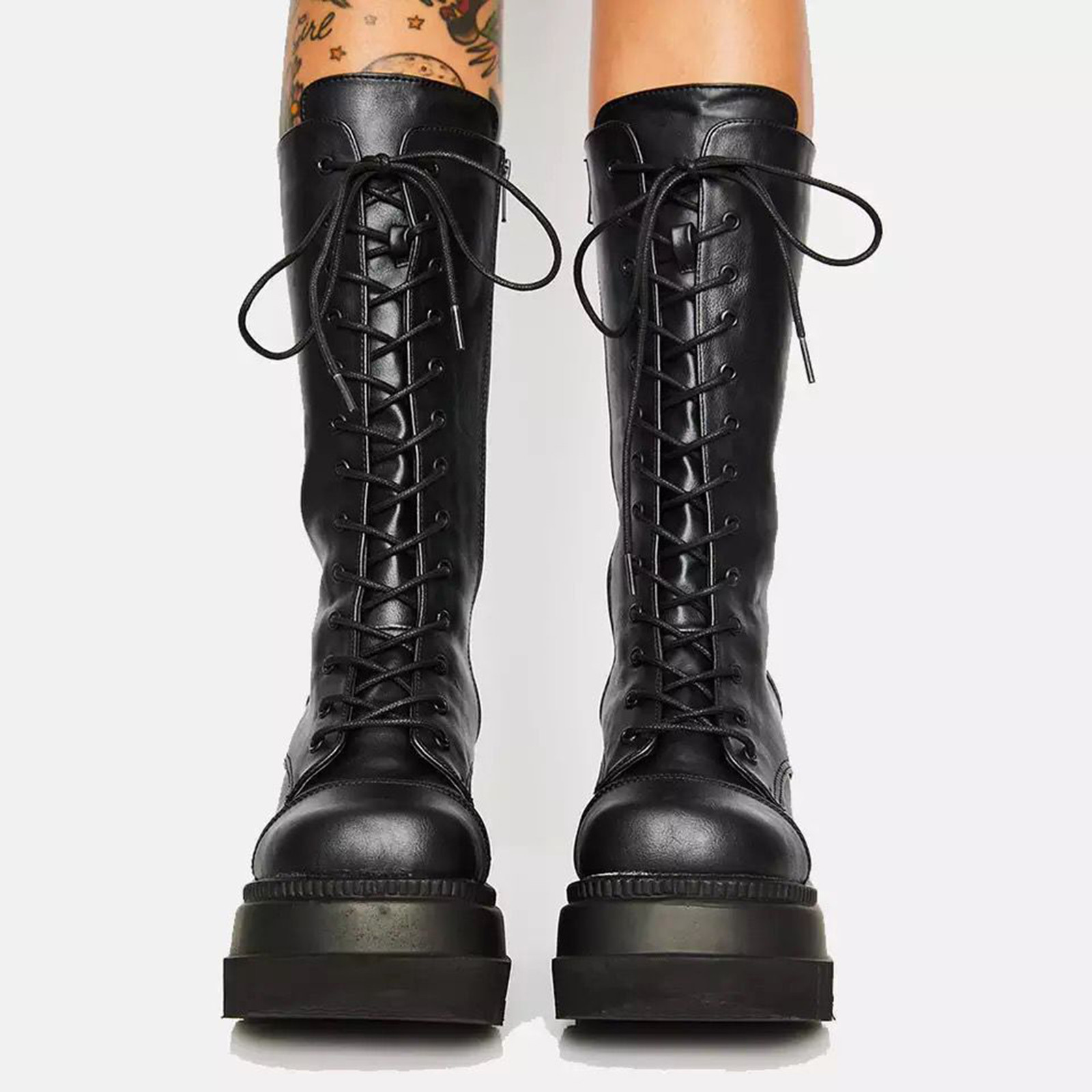 Fashion Thick-soled Large Size Boots Women Autumn Platform Leather Boots