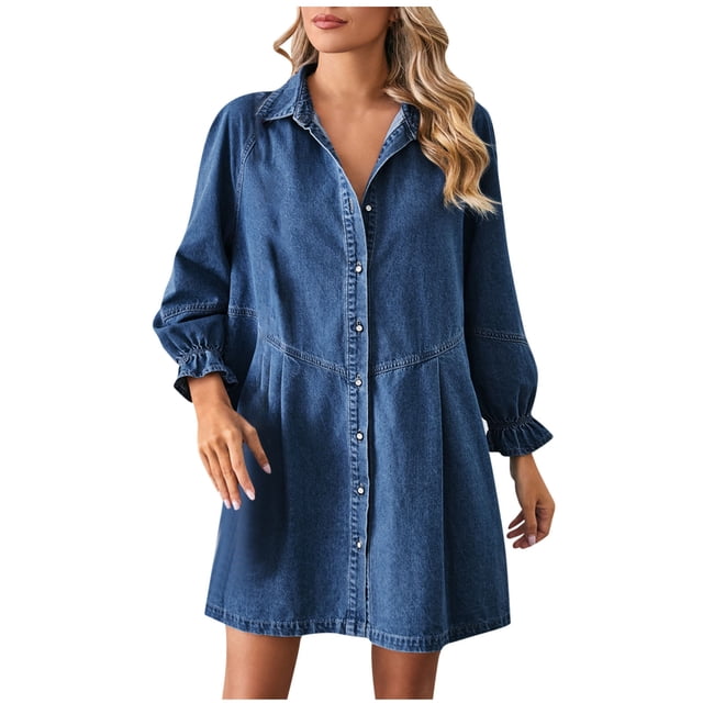 Abcnature Robe Mini en Denim à Manches Longues à Col en V pour Femmes, Coupe Ample, Robe d'Été Décontractée au Design Stylé, Robe Confortable et Tendance pour Femmes