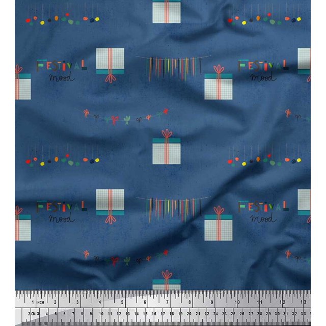Soimoi Georgette Viscose Fabric Gift Box & Hanging Ribbons Party Print Fabric by the Yard 42 Inch Wide